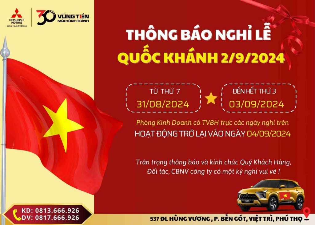 MITSUBISHI PHÚ THỌ – THÔNG BÁO LỊCH NGHỈ LỄ QUỐC KHÁNH 02/9/2024